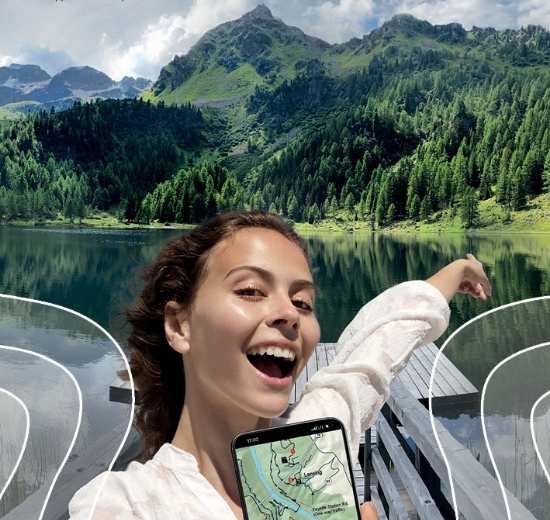 Blick auf Smartphone, in den Zwischenbereich und in die Ferne mit angedeuteten Sehbereichen eines Gleitsichtglases.